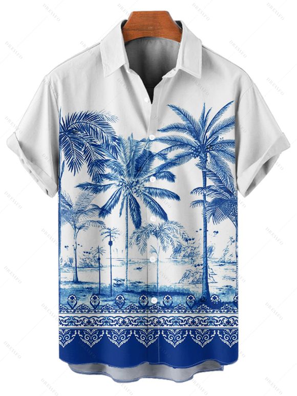 Chemise de vacances à imprimé palmiers pour homme, boutonnée, retroussée, manches courtes, pour la plage - Bleu 5XL