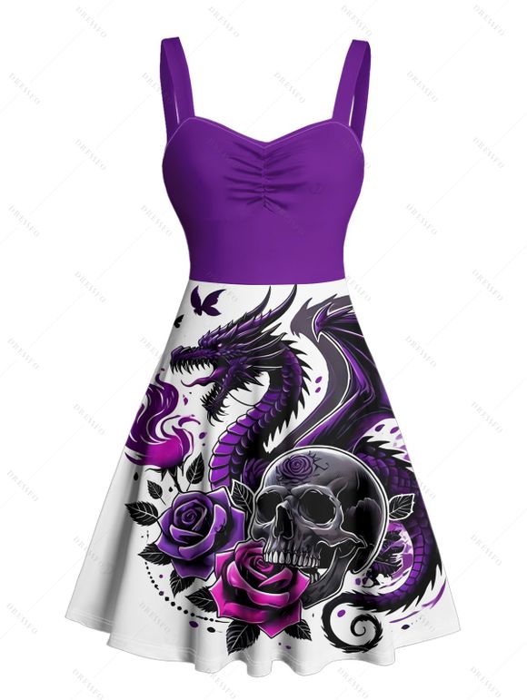 Robe gothique à col en cœur et mini robe trapèze à motif de dragon et de crânes, buste froncé - Concorde M | US 6