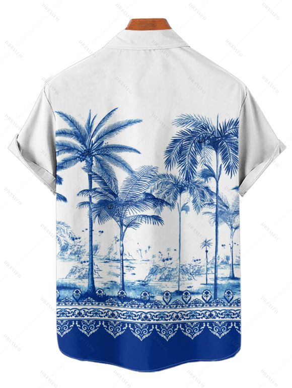 Chemise de vacances à imprimé palmiers pour homme, boutonnée, retroussée, manches courtes, pour la plage - Bleu 4XL