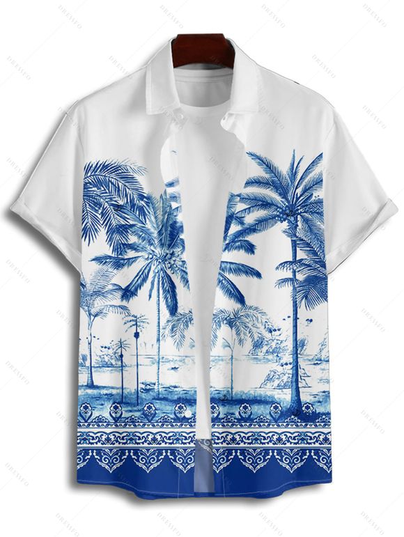 Chemise de vacances à imprimé palmiers pour homme, boutonnée, retroussée, manches courtes, pour la plage - Bleu 4XL