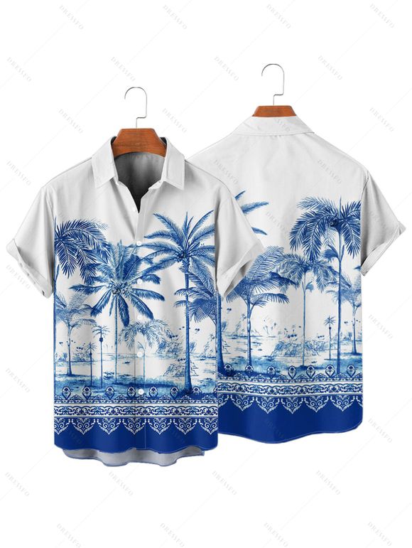 Chemise de vacances à imprimé palmiers pour homme, boutonnée, retroussée, manches courtes, pour la plage - Bleu 4XL