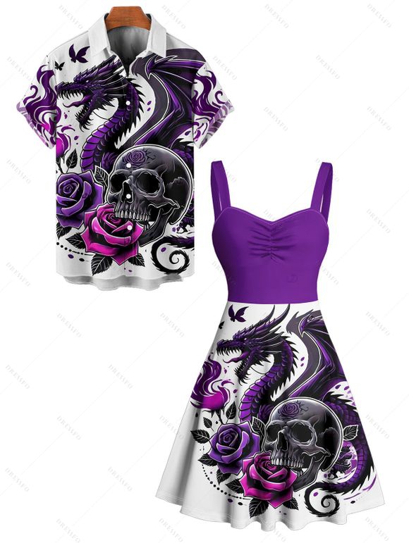 Gothic Couple Outfit Skulls Rose Dragon Pattern Ruched Bust Dress and Button Up Shirt Holiday Matching Outfit - Concorde S | US 4