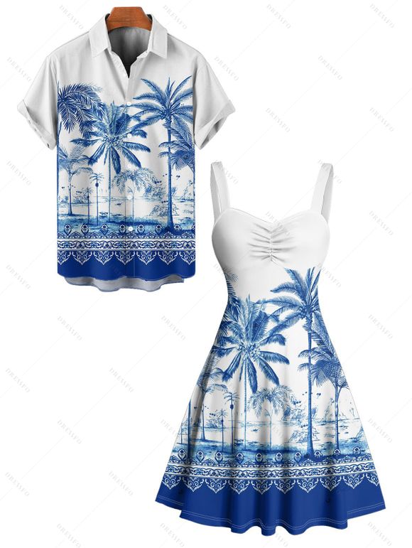 Vacation Couple Outfit Palm Tree Flower Leaf Pattern Ruched Bust Sweetheart Neck Dress and Button Up Shirt Beach Matching Outfit - Bleu S | US 4