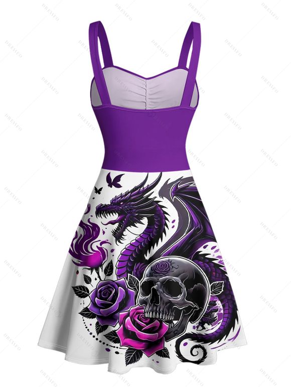 Gothic Couple Outfit Skulls Rose Dragon Pattern Ruched Bust Dress and Button Up Shirt Holiday Matching Outfit - Concorde S | US 4