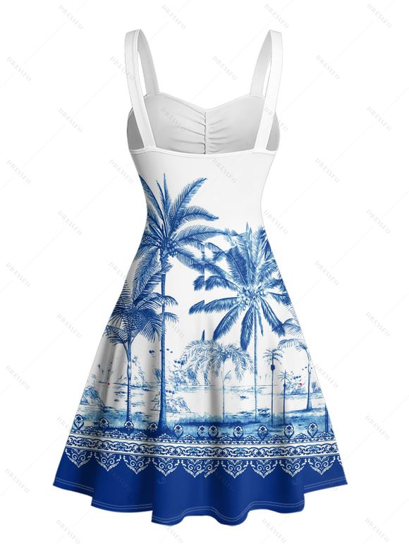 Vacation Couple Outfit Palm Tree Flower Leaf Pattern Ruched Bust Sweetheart Neck Dress and Button Up Shirt Beach Matching Outfit - Bleu S | US 4