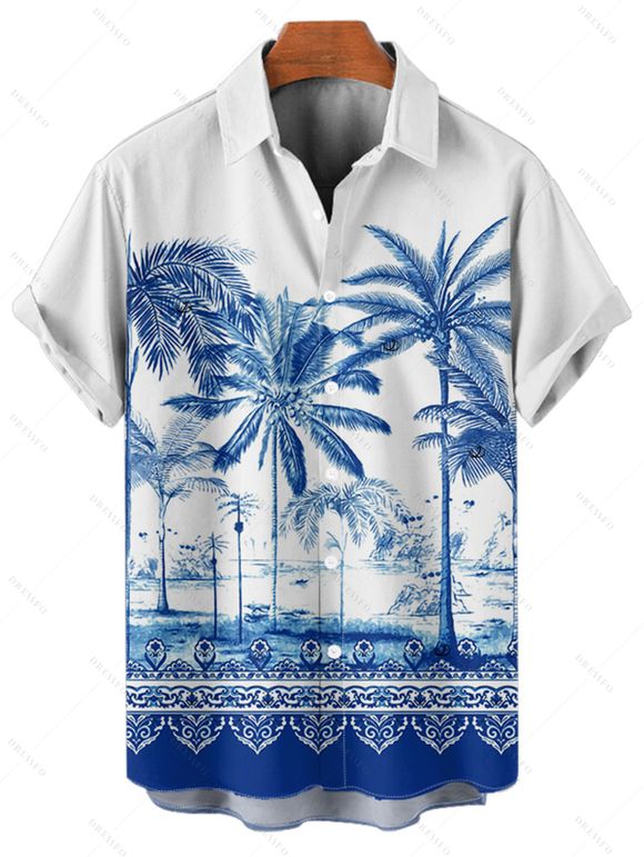 Vacation Couple Outfit Palm Tree Flower Leaf Pattern Ruched Bust Sweetheart Neck Dress and Button Up Shirt Beach Matching Outfit - Bleu S | US 4