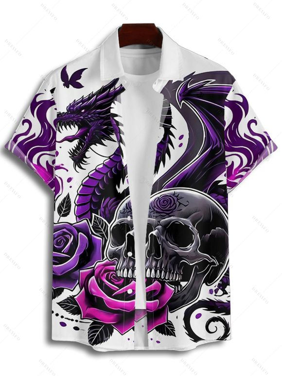 Gothic Couple Outfit Skulls Rose Dragon Pattern Ruched Bust Dress and Button Up Shirt Holiday Matching Outfit - Concorde S | US 4