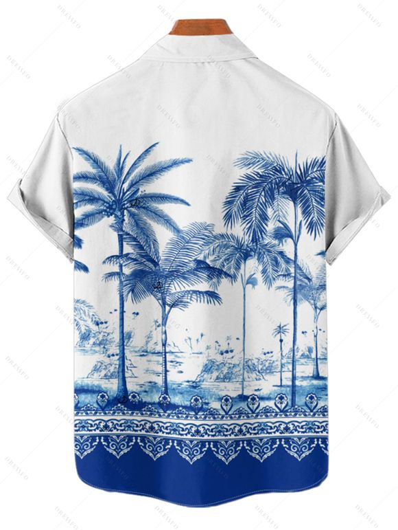 Vacation Couple Outfit Palm Tree Flower Leaf Pattern Ruched Bust Sweetheart Neck Dress and Button Up Shirt Beach Matching Outfit - Bleu S | US 4