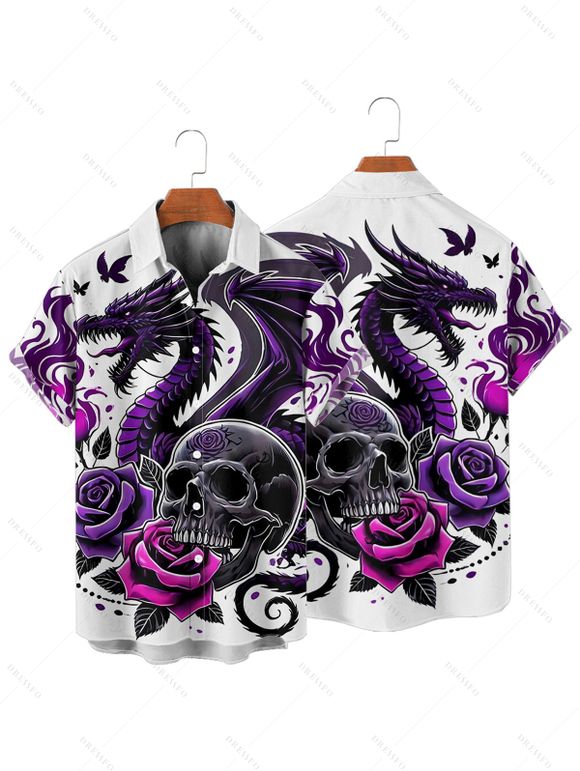Gothic Couple Outfit Skulls Rose Dragon Pattern Ruched Bust Dress and Button Up Shirt Holiday Matching Outfit - Concorde S | US 4
