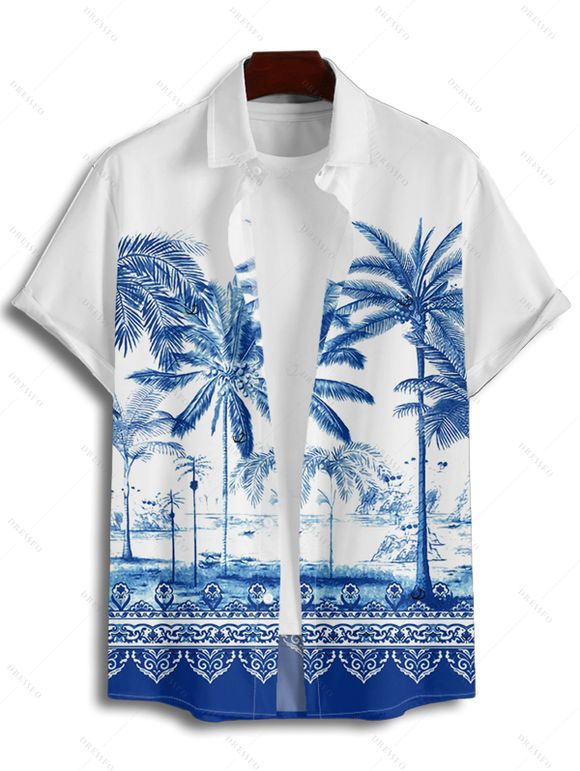 Vacation Couple Outfit Palm Tree Flower Leaf Pattern Ruched Bust Sweetheart Neck Dress and Button Up Shirt Beach Matching Outfit - Bleu S | US 4