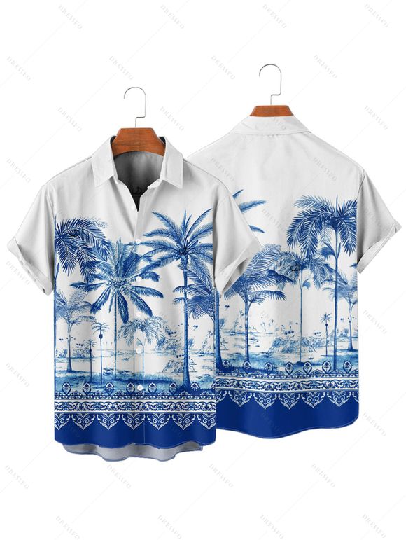 Vacation Couple Outfit Palm Tree Flower Leaf Pattern Ruched Bust Sweetheart Neck Dress and Button Up Shirt Beach Matching Outfit - Bleu S | US 4