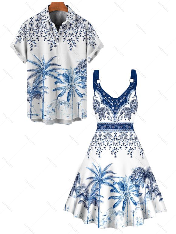 Vacation Couple Outfit Palm Tree Flower Leaf Pattern O Ring Strap Dress and Button Up Shirt Beach Matching Outfit - Bleu S | US 4
