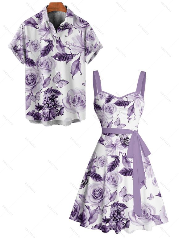 Vacation Couple Outfit Flower Butterfly Leaf Pattern Ruched Bust Belt Sweetheart Neck A Line Mini Dress and Button Up Shirt Casual Matching Outfit - Pourpre S | US 4