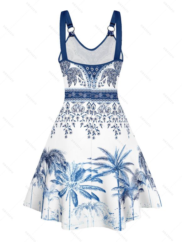 Vacation Couple Outfit Palm Tree Flower Leaf Pattern O Ring Strap Dress and Button Up Shirt Beach Matching Outfit - Bleu S | US 4