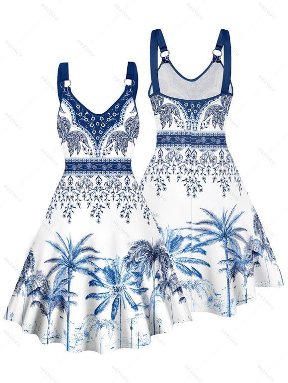 Vacation Couple Outfit Palm Tree Flower Leaf Pattern O Ring Strap Dress and Button Up Shirt Beach Matching Outfit - Bleu S | US 4