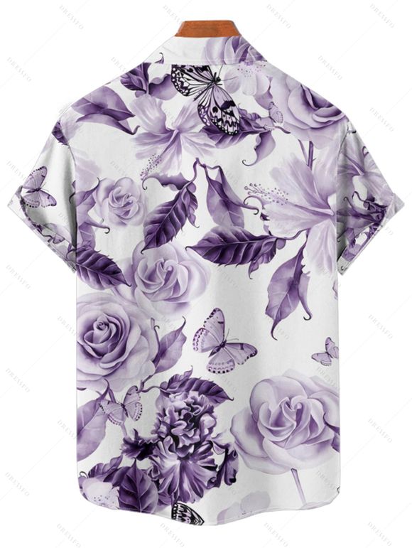 Vacation Couple Outfit Flower Butterfly Leaf Pattern Ruched Bust Belt Sweetheart Neck A Line Mini Dress and Button Up Shirt Casual Matching Outfit - Pourpre S | US 4