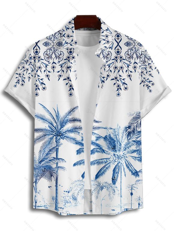 Vacation Couple Outfit Palm Tree Flower Leaf Pattern O Ring Strap Dress and Button Up Shirt Beach Matching Outfit - Bleu S | US 4