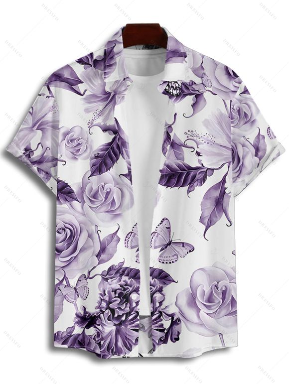 Vacation Couple Outfit Flower Butterfly Leaf Pattern Ruched Bust Belt Sweetheart Neck A Line Mini Dress and Button Up Shirt Casual Matching Outfit - Pourpre S | US 4