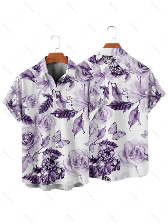 Vacation Couple Outfit Flower Butterfly Leaf Pattern Ruched Bust Belt Sweetheart Neck A Line Mini Dress and Button Up Shirt Casual Matching Outfit - Pourpre S | US 4