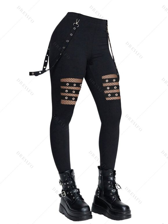 Pantalon gothique ajouré de couleur unie avec œillets et chaîne embellie, pantalon skinny long taille haute - Noir XXL | US 14