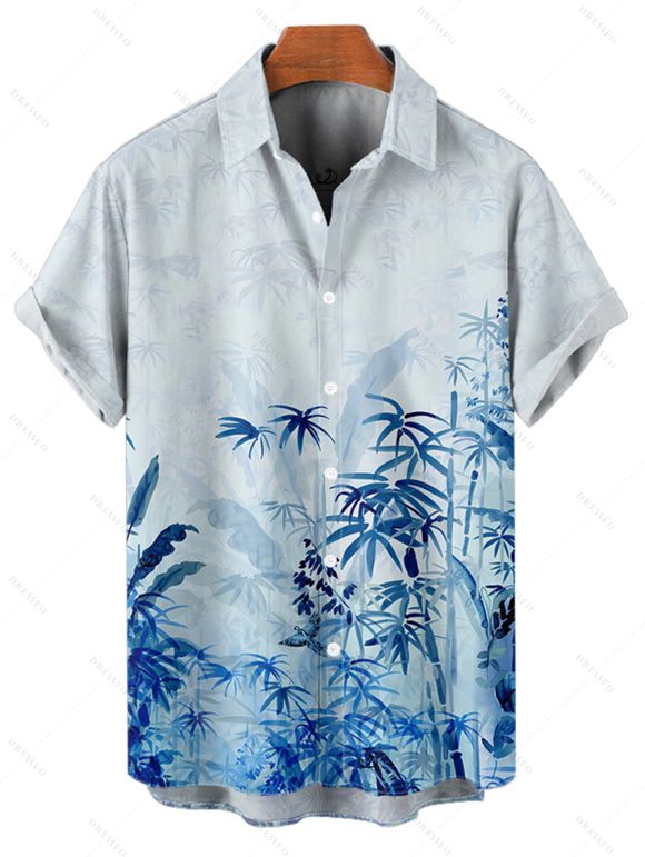 Chemise de vacances à motif végétal pour homme, boutonnée, retroussée, manches courtes, décontractée - Bleu 5XL