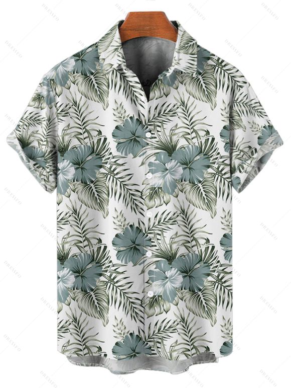Chemise de vacances pour homme à motif de feuilles d'hibiscus et de fleurs, boutonnée, retroussée, manches courtes, décontractée - Vert clair 5XL