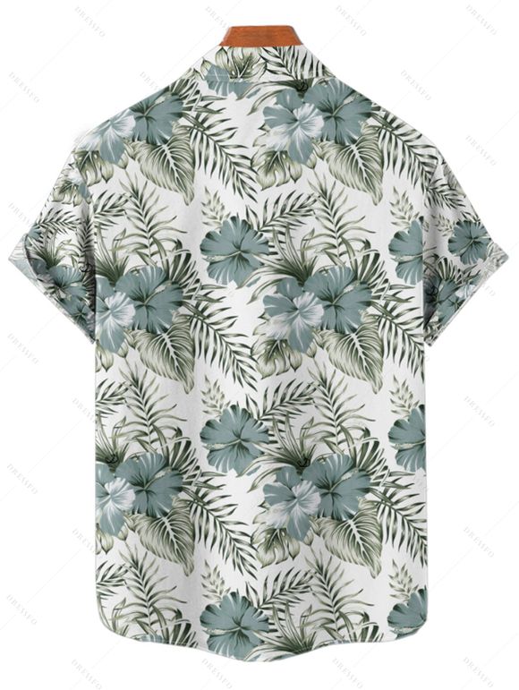 Chemise de vacances pour homme à motif de feuilles d'hibiscus et de fleurs, boutonnée, retroussée, manches courtes, décontractée - Vert clair 4XL
