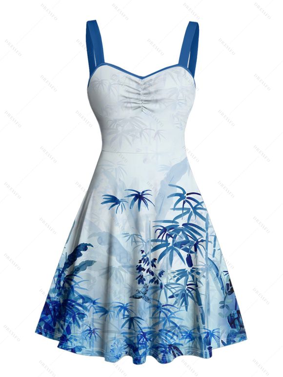 Robe de vacances à motif végétal, buste froncé, décolleté en cœur, mini-robe décontractée trapèze - Bleu XXXXXL | US 20