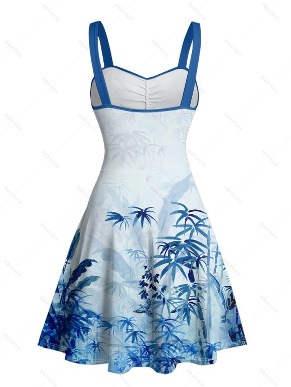 Robe de vacances à motif végétal, buste froncé, décolleté en cœur, mini-robe décontractée trapèze - Bleu S | US 4