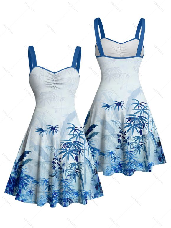 Robe de vacances à motif végétal, buste froncé, décolleté en cœur, mini-robe décontractée trapèze - Bleu S | US 4