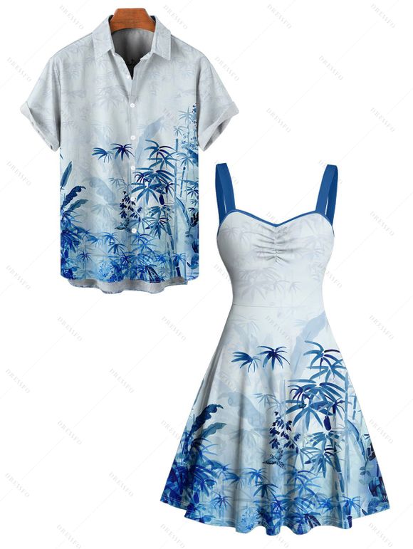 Vacation Couple Outfit Plant Pattern Ruched Bust Sweetheart Neck A Line Mini Dress and Button Up Shirt Casual Matching Outfit - Bleu S | US 4