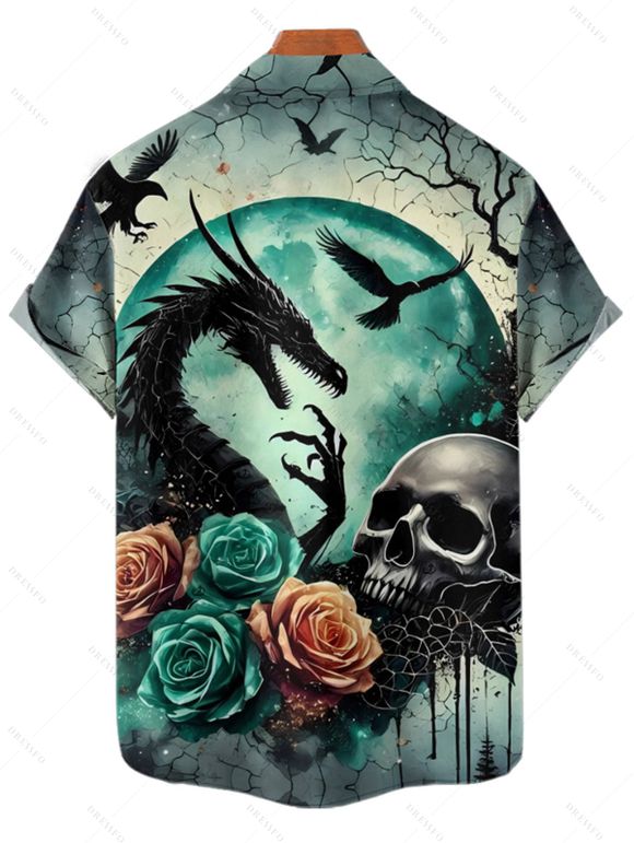 Chemise gothique à manches courtes et boutons pour homme, motif crânes, roses et dragons, style vacances - Vert profond 4XL
