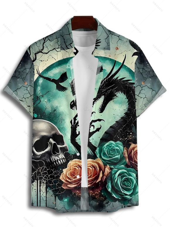 Chemise gothique à manches courtes et boutons pour homme, motif crânes, roses et dragons, style vacances - Vert profond 4XL