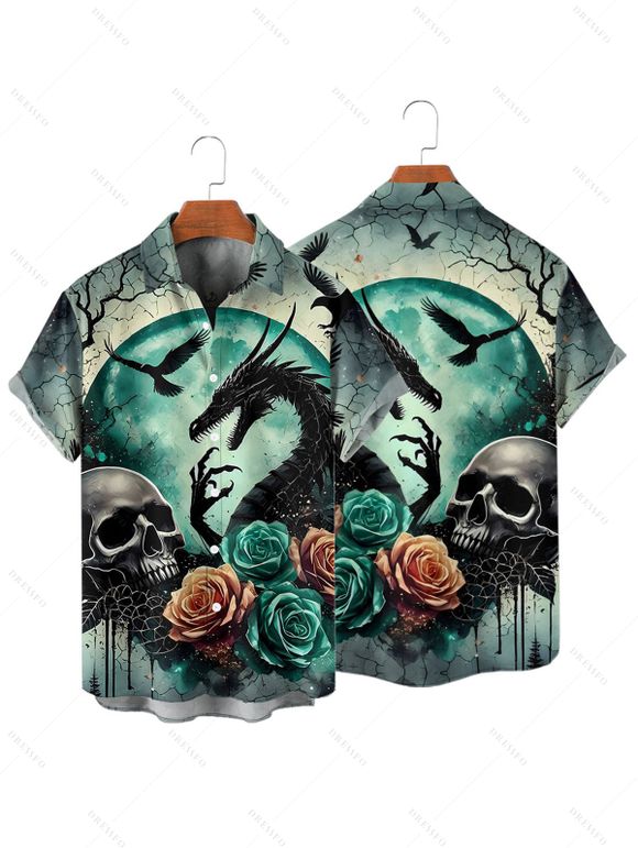 Chemise gothique à manches courtes et boutons pour homme, motif crânes, roses et dragons, style vacances - Vert profond 4XL