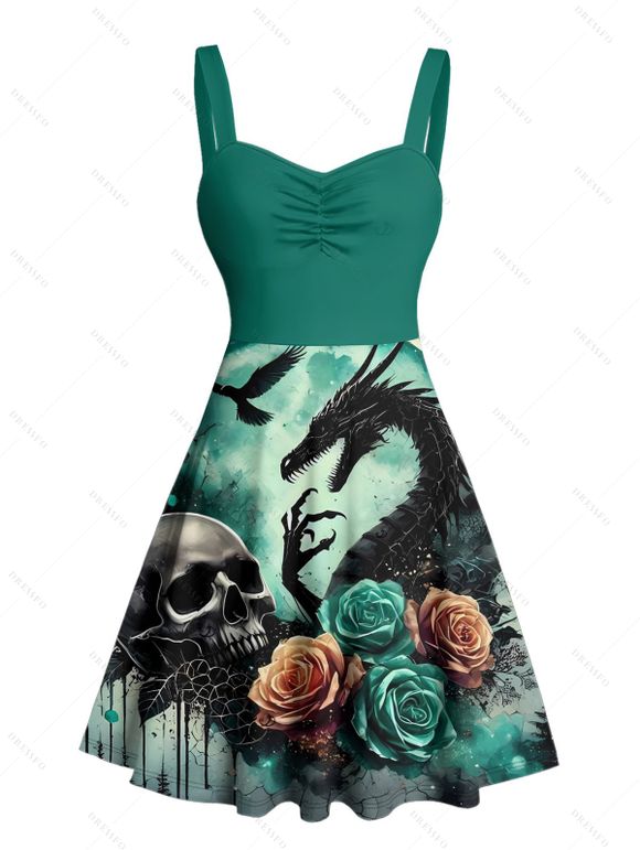 Robe gothique à col en cœur et mini robe trapèze à motif de dragon et de crânes, buste froncé - Vert profond XXXXXL | US 20