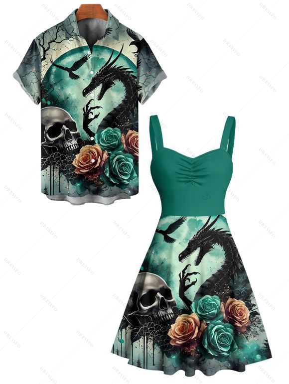 Gothic Couple Outfit Skulls Rose Dragon Pattern Ruched Bust Dress and Button Up Shirt Holiday Matching Outfit - Vert profond S | US 4
