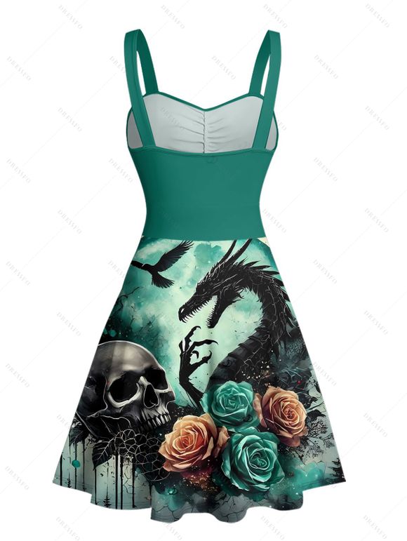 Robe gothique à col en cœur et mini robe trapèze à motif de dragon et de crânes, buste froncé - Vert profond XL | US 12