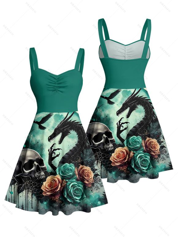 Robe gothique à col en cœur et mini robe trapèze à motif de dragon et de crânes, buste froncé - Vert profond XL | US 12