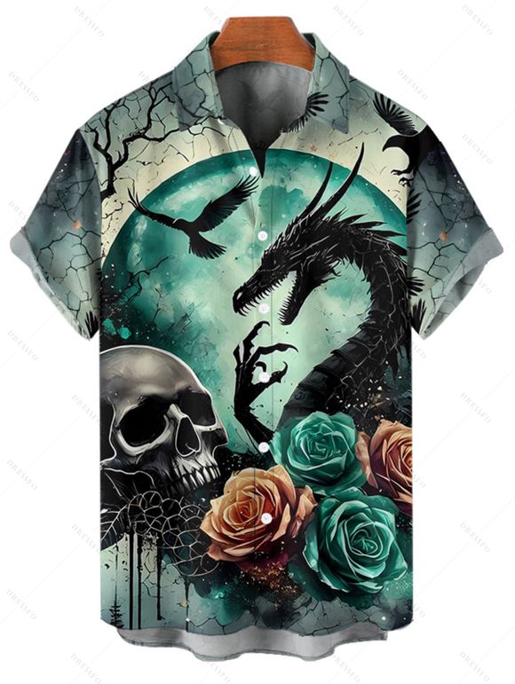 Gothic Couple Outfit Skulls Rose Dragon Pattern Ruched Bust Dress and Button Up Shirt Holiday Matching Outfit - Vert profond S | US 4