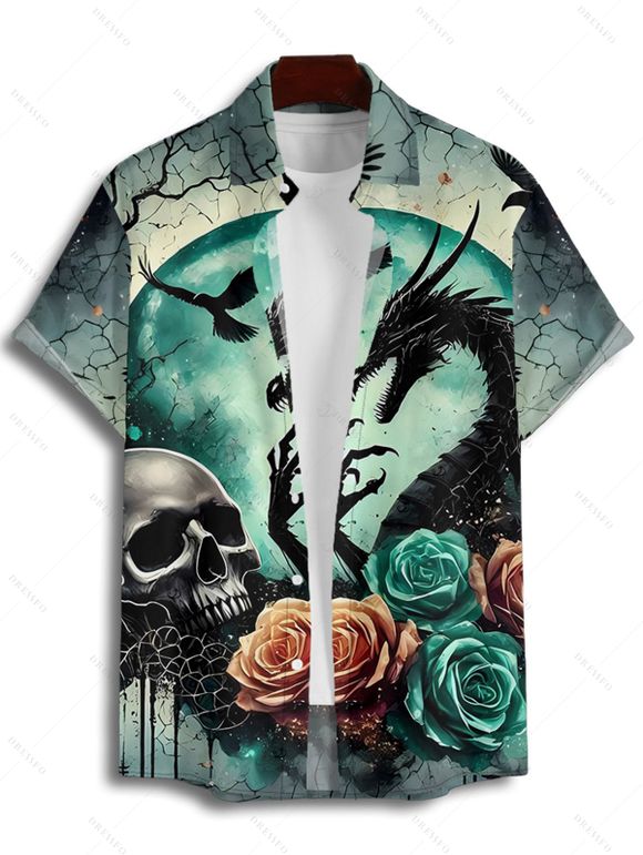 Gothic Couple Outfit Skulls Rose Dragon Pattern Ruched Bust Dress and Button Up Shirt Holiday Matching Outfit - Vert profond S | US 4