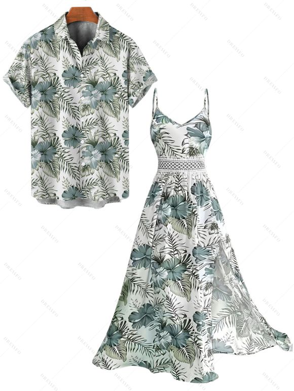 Vacation Couple Outfit Hibiscus Floral Leaf Pattern Geometric Lace Panel Hollow Out Long Dress and Button Up Shirt Casual Matching Outfit - Vert clair S | US 4