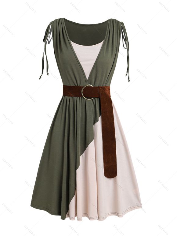 Robe 2 en 1 décontractée à taille haute et sans manches, avec ceinture à anneaux et épaules cintrées et colorblock - Vert profond XXL | US 14