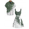 Colorblock Leaf Print Ruched Bust Mini Belted Dress And Short Sleeve Vacation Shirt Matching Outfit - Vert profond S | US 4