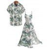 Vacation Couple Outfit Hibiscus Floral Leaf Pattern Geometric Lace Panel Hollow Out Long Dress and Button Up Shirt Casual Matching Outfit - Vert clair S | US 4