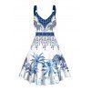 Robe de vacances à motif de feuilles de palmier, bretelles en O, sans manches, coupe trapèze, mini-robe bohème - Bleu XXL | US 14