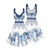 Robe de vacances à motif de feuilles de palmier, bretelles en O, sans manches, coupe trapèze, mini-robe bohème - Bleu XXL | US 14