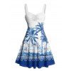 Robe de plage courte à col en cœur et motif de feuilles de palmier, buste froncé - Bleu XXXXXL | US 20