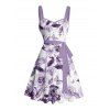 Robe de vacances à motif de fleurs, papillons et feuilles, buste froncé, ceinture, col en cœur, coupe trapèze, mini, décontractée - Pourpre XXXXXL | US 20