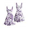 Robe de vacances à motif de fleurs, papillons et feuilles, buste froncé, ceinture, col en cœur, coupe trapèze, mini, décontractée - Pourpre XXXXXL | US 20