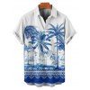 Chemise de vacances à imprimé palmiers pour homme, boutonnée, retroussée, manches courtes, pour la plage - Bleu 5XL